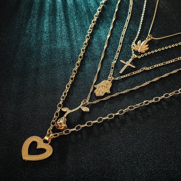 Layered 5 Pendent Heart Rose Cross Gold Necklace - Picture 2 of 8